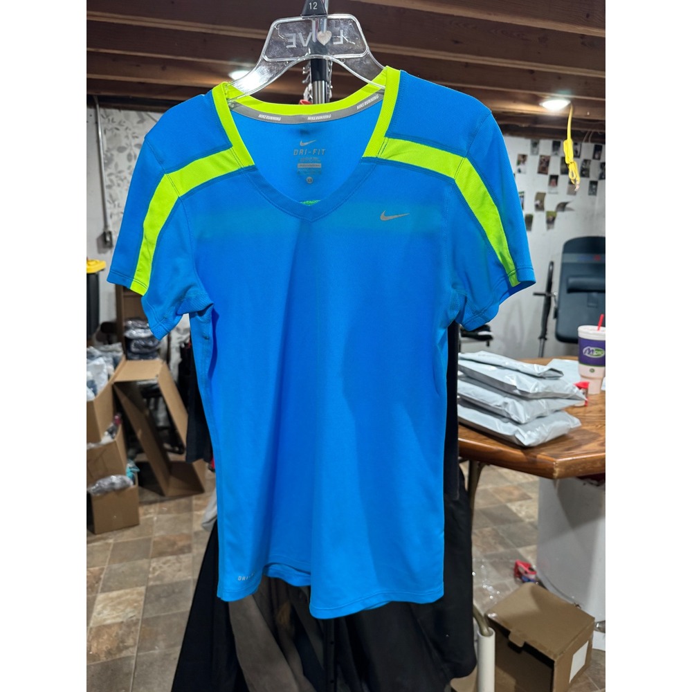Nike Running Dri-FIT Shirt Kids XS Blue Neon Yellow Short Sleeve V-Neck Top